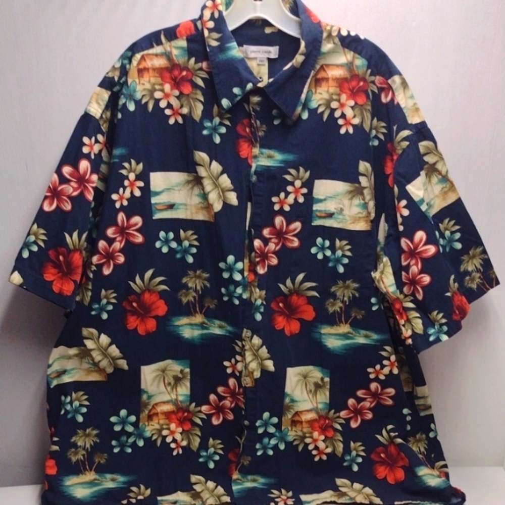 Pierre Cardin Hawaiian Print Men's Shirt-Blue Floral Design Size 2XLT Pre-owner